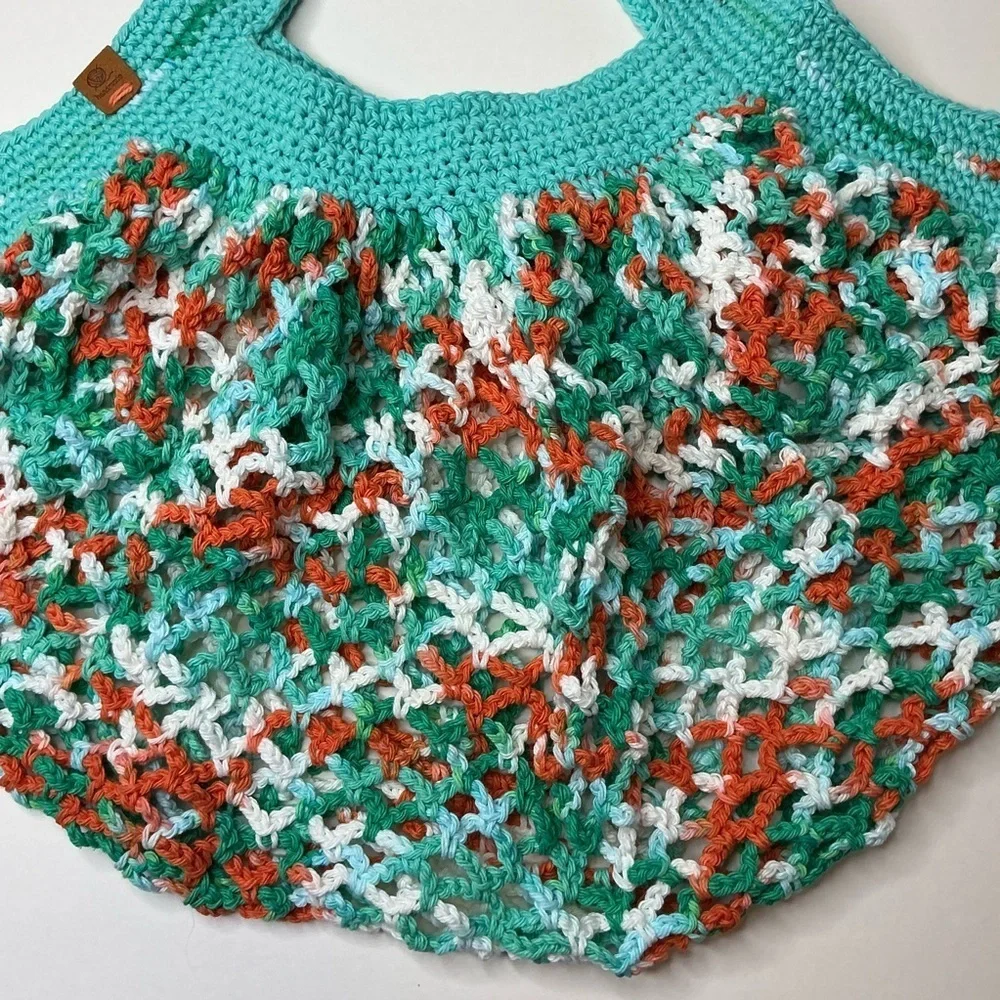 Large‎ Crochet Mesh Market Bag Teal White Cotton Handcrafted Handmade Reusable